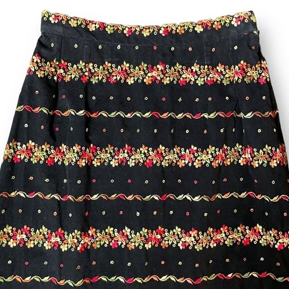 Vintage 1960s Malbe Womens Maxi Skirt XS Black Velvet Floral Embroidered Belted - Picture 3 of 9